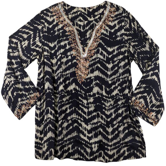 Soft Surroundings Akira Long Tunic Womens M Boho Chic Beaded Sequin Ikat Batik - Picture 1 of 9